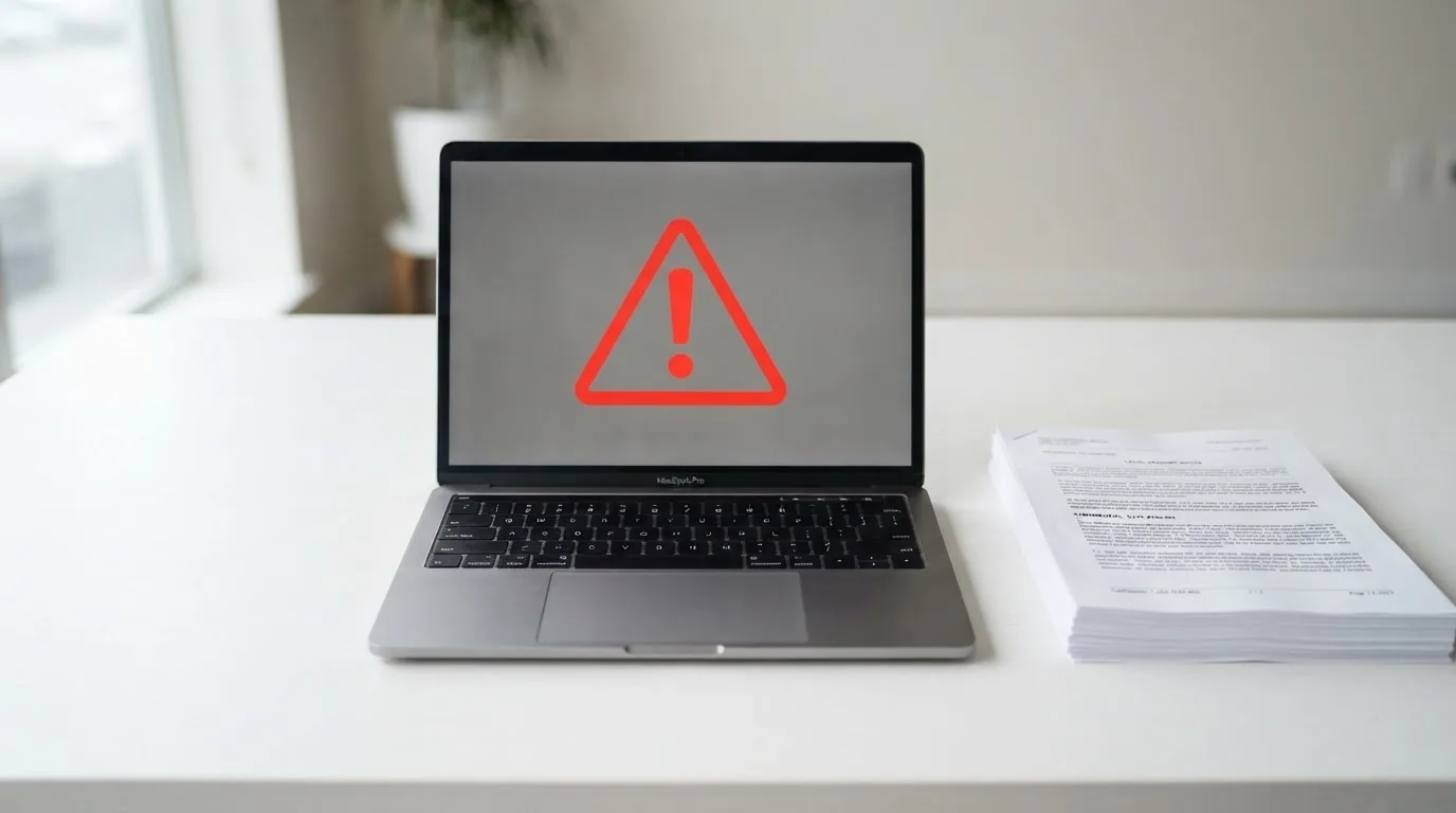 A red triangular warning sign icon on a laptop screen next to a stack of legal papers, symbolising an official caution rather than any specific website.