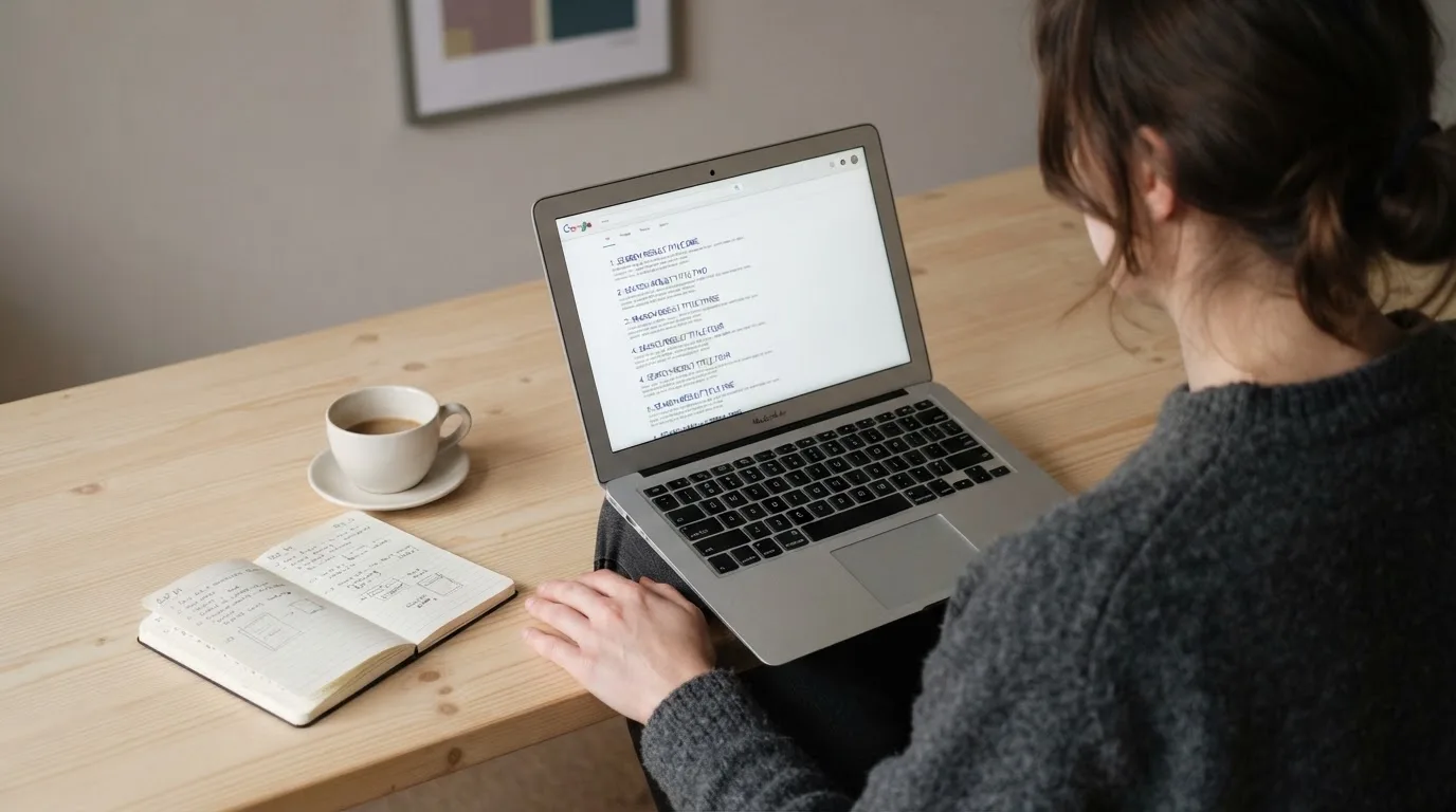 A tidy desk with a laptop open on a plain search-results page, a notebook and a coffee cup beside it, no screens showing any casino branding.