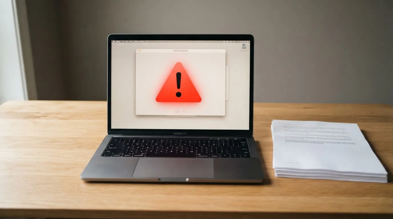 A red triangular warning sign icon on a laptop screen next to a stack of legal papers, symbolising an official caution rather than any specific website.