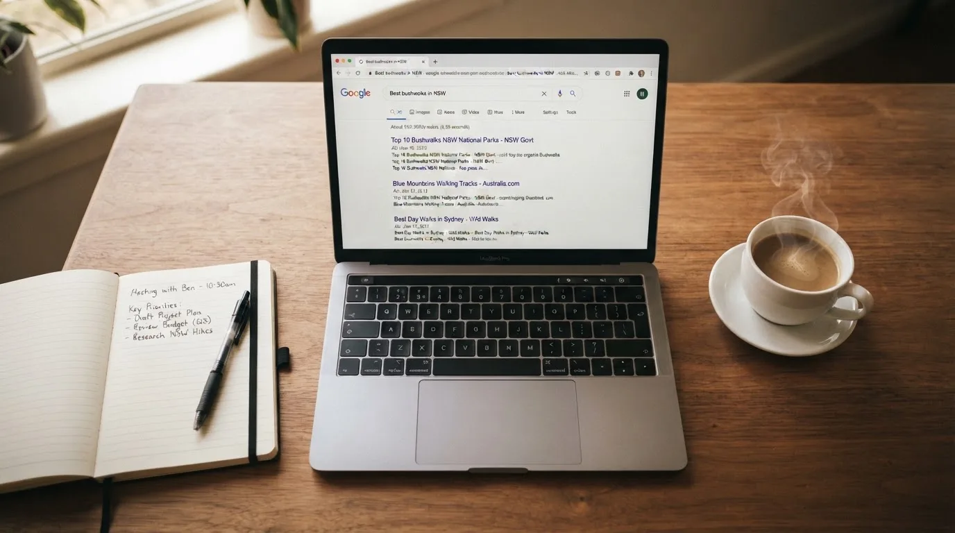 A tidy desk with a laptop open on a plain search-results page, a notebook and a coffee cup beside it, no screens showing any casino branding.