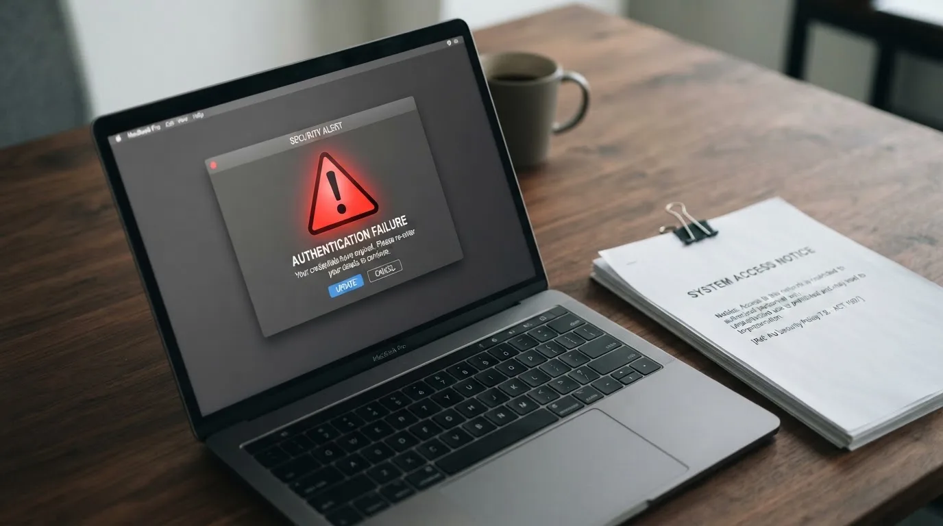 A red triangular warning sign icon on a laptop screen next to a stack of legal papers, symbolising an official caution rather than any specific website.