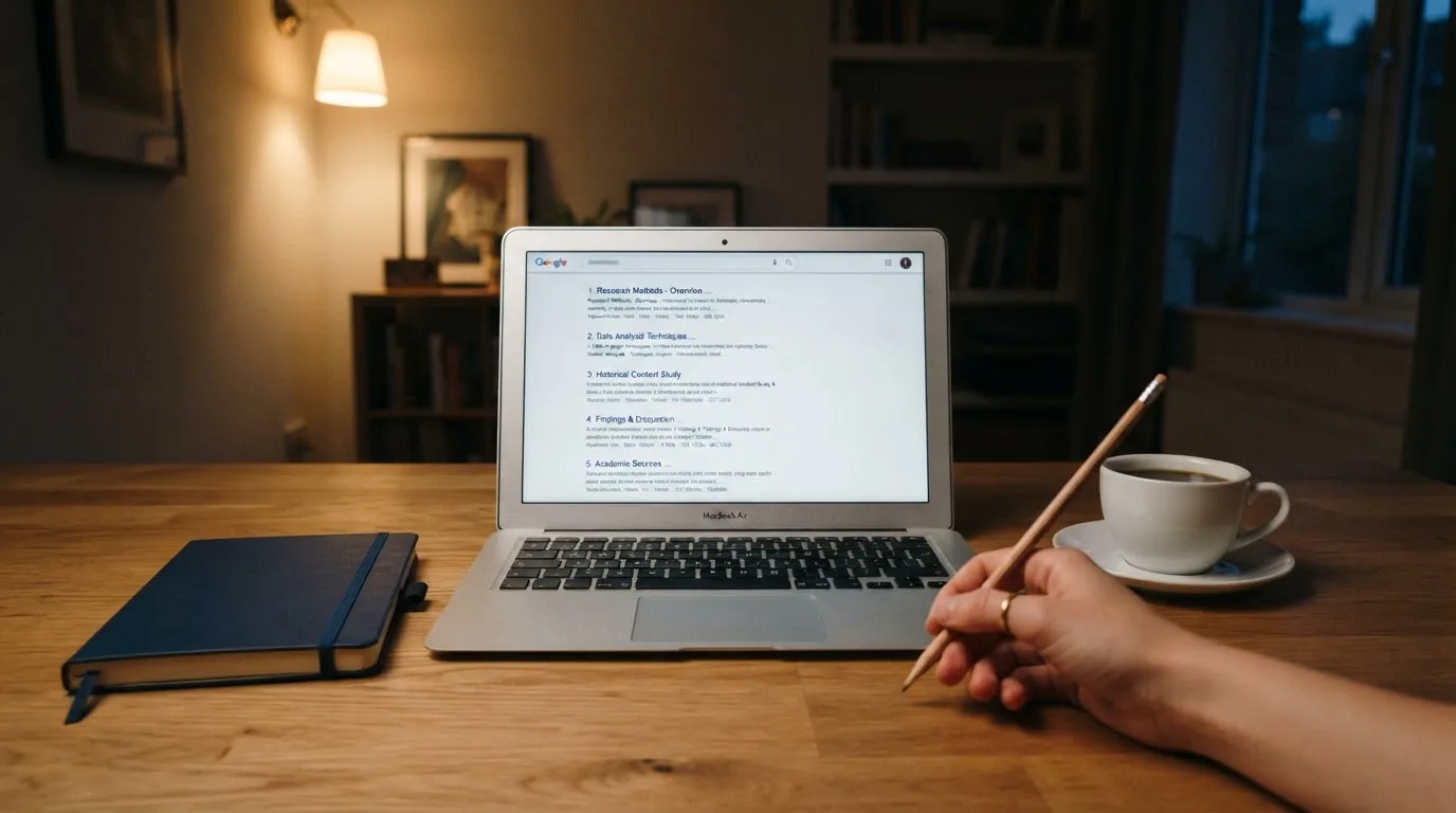 A tidy desk with a laptop open on a plain search-results page, a notebook and a coffee cup beside it, no screens showing any casino branding.