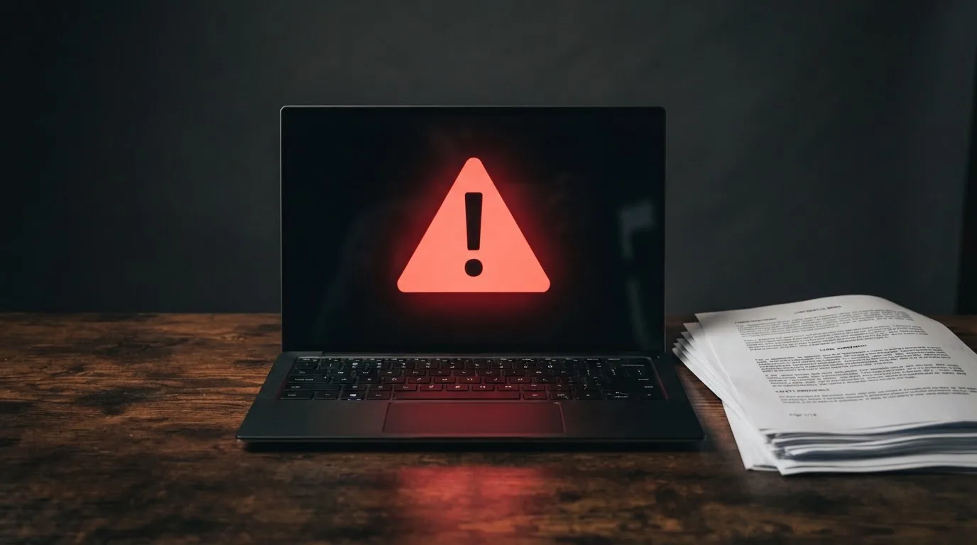 A red triangular warning sign icon on a laptop screen next to a stack of legal papers, symbolising an official caution rather than any specific website.