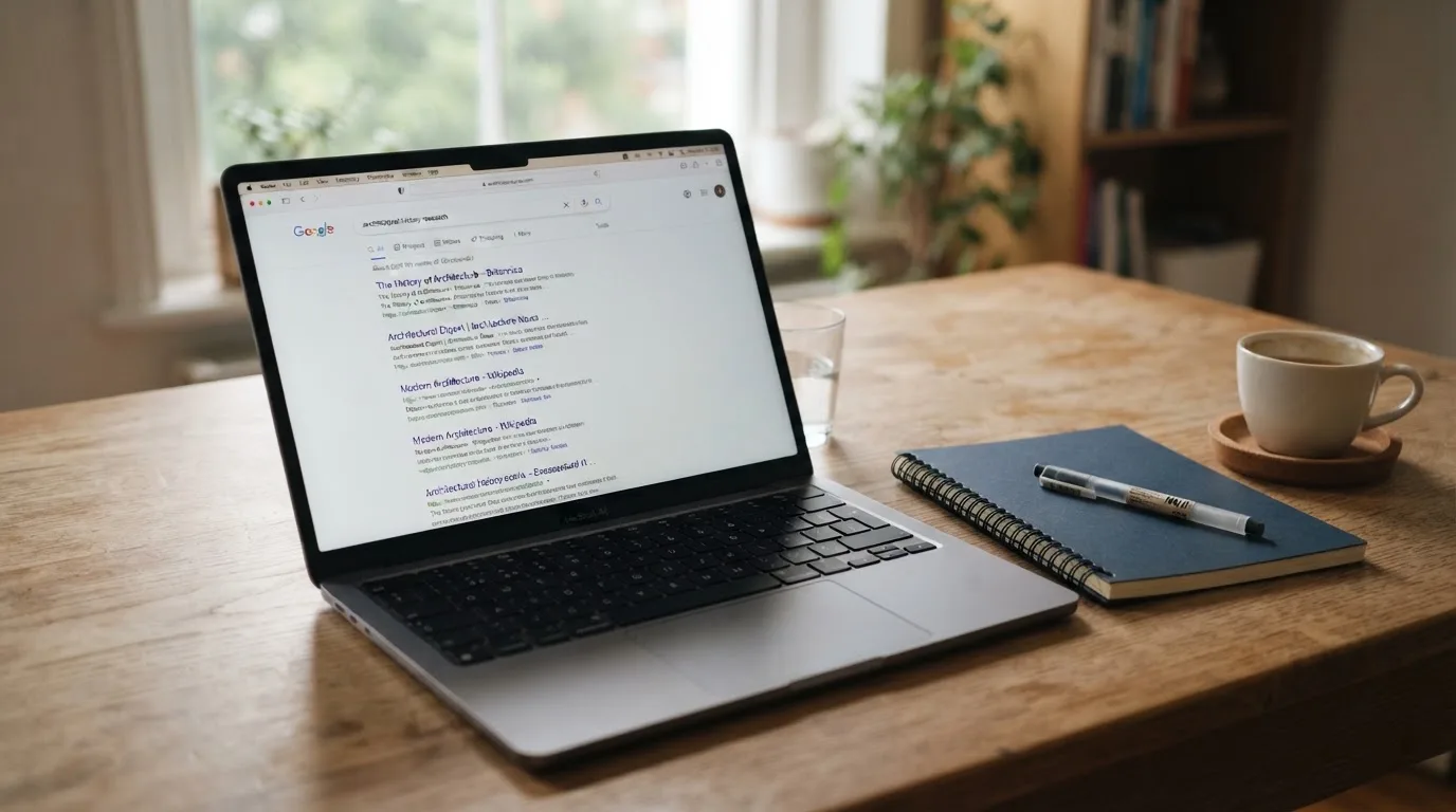 A tidy desk with a laptop open on a plain search-results page, a notebook and a coffee cup beside it, no screens showing any casino branding.