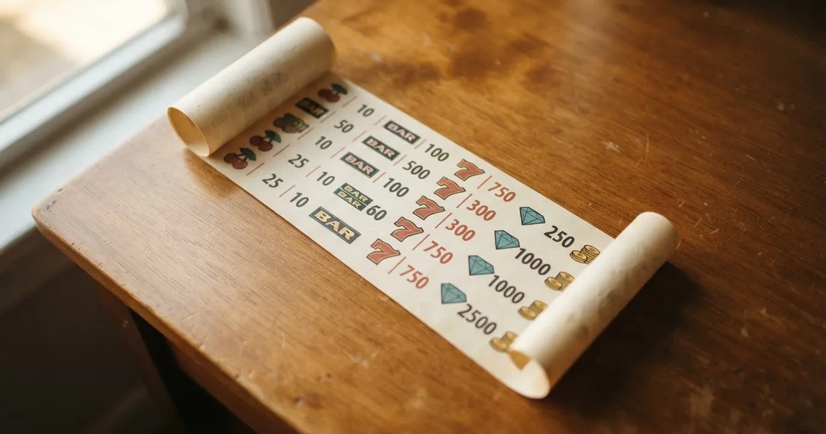 A printed strip of generic slot symbols and payout numbers laid on a desk, like a reference chart rather than a live game.