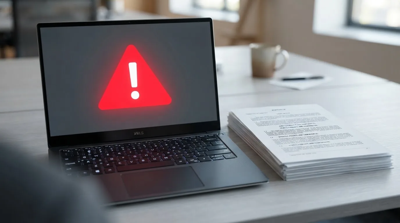 A red triangular warning sign icon on a laptop screen next to a stack of legal papers, symbolising an official caution rather than any specific website.