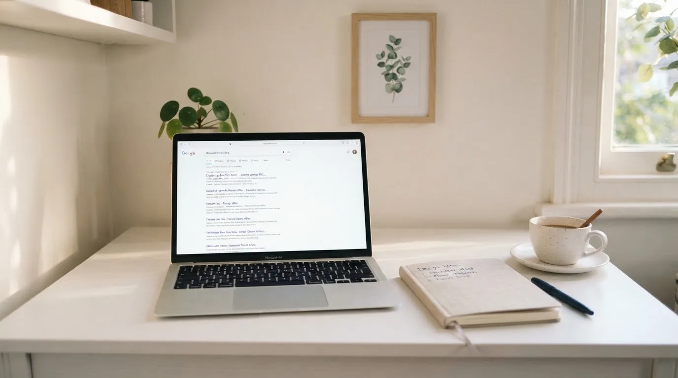 A tidy desk with a laptop open on a plain search-results page, a notebook and a coffee cup beside it, no screens showing any casino branding.