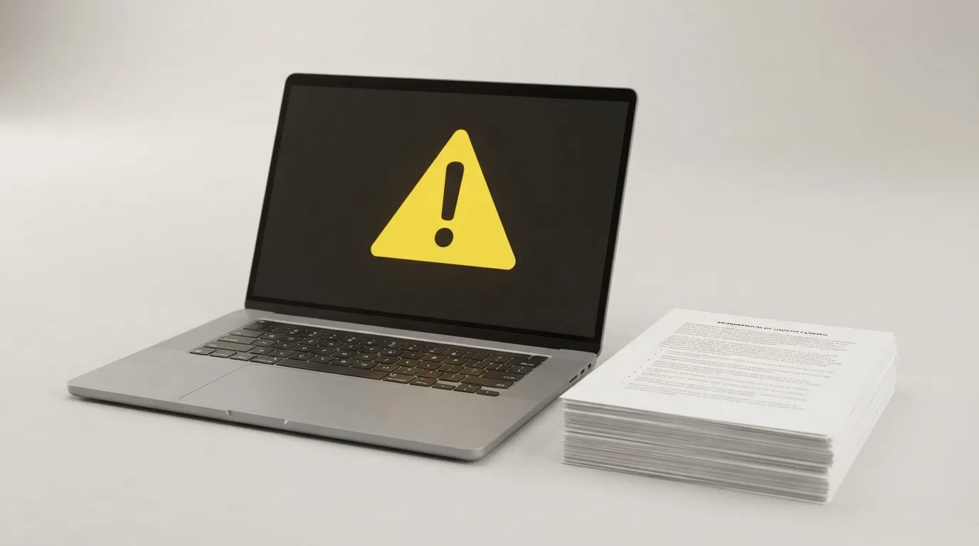 A red triangular warning sign icon on a laptop screen next to a stack of legal papers, symbolising an official caution rather than any specific website.