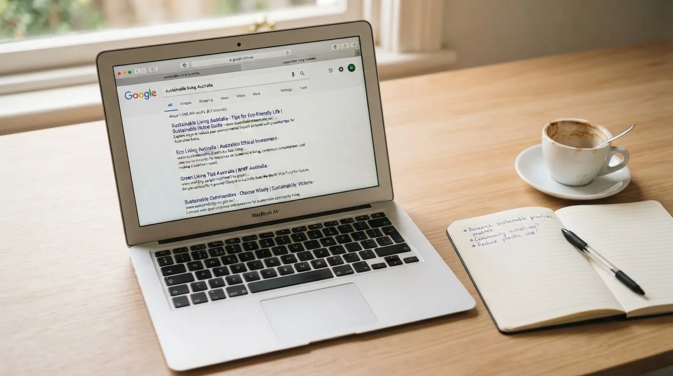 A tidy desk with a laptop open on a plain search-results page, a notebook and a coffee cup beside it, no screens showing any casino branding.