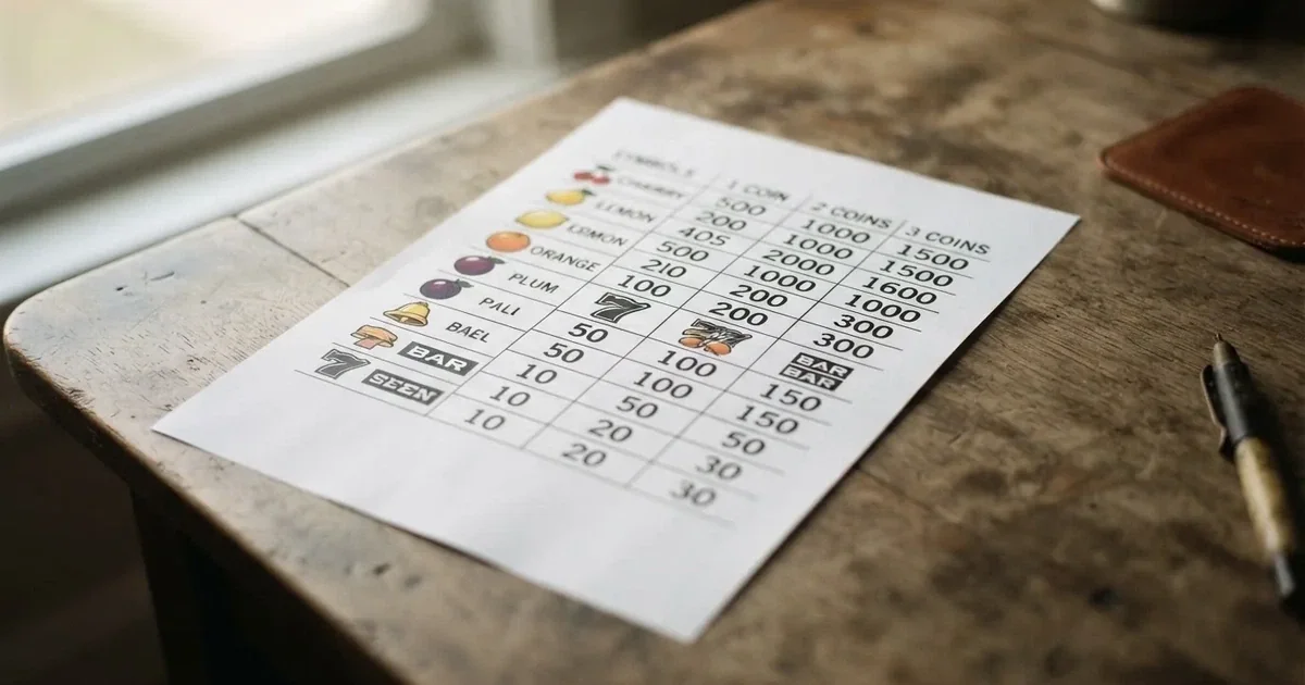 A printed strip of generic slot symbols and payout numbers laid on a desk, like a reference chart rather than a live game.