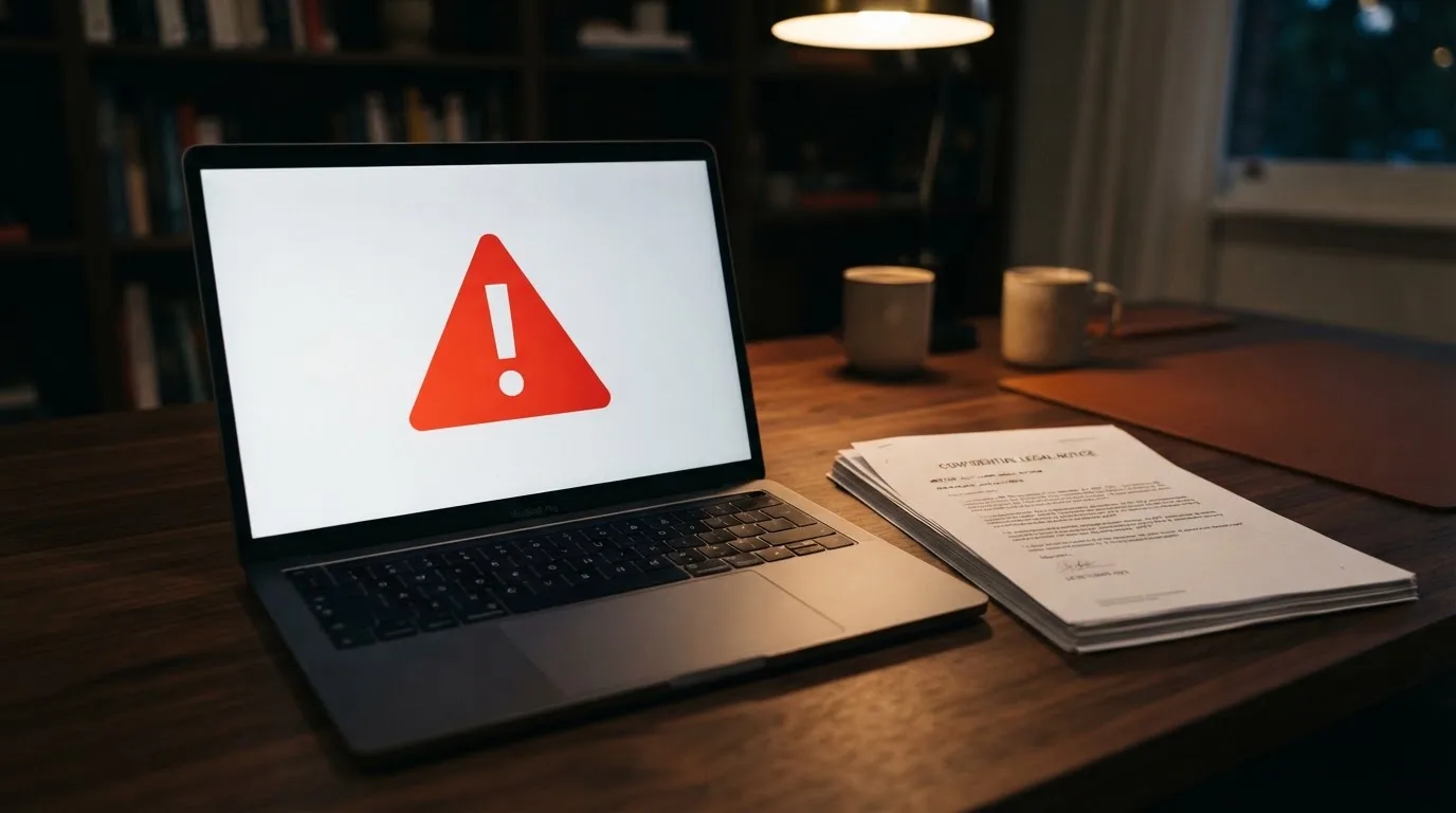 A red triangular warning sign icon on a laptop screen next to a stack of legal papers, symbolising an official caution rather than any specific website.
