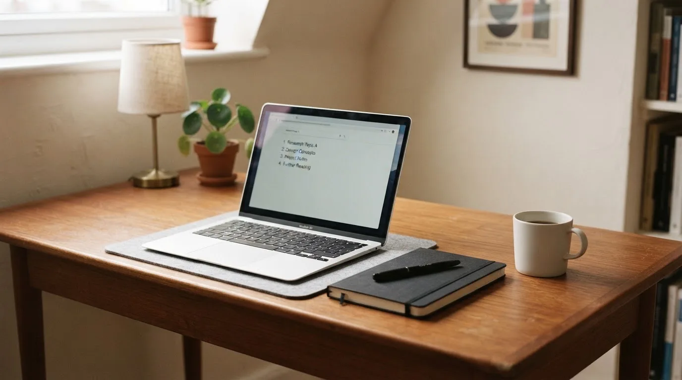 A tidy desk with a laptop open on a plain search-results page, a notebook and a coffee cup beside it, no screens showing any casino branding.