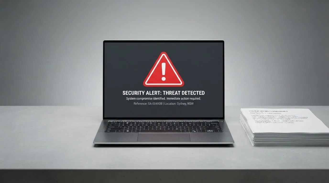 A red triangular warning sign icon on a laptop screen next to a stack of legal papers, symbolising an official caution rather than any specific website.