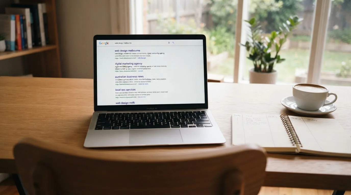 A tidy desk with a laptop open on a plain search-results page, a notebook and a coffee cup beside it, no screens showing any casino branding.