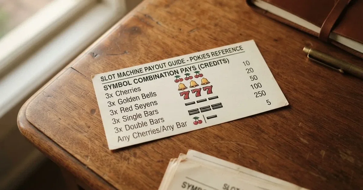 A printed strip of generic slot symbols and payout numbers laid on a desk, like a reference chart rather than a live game.