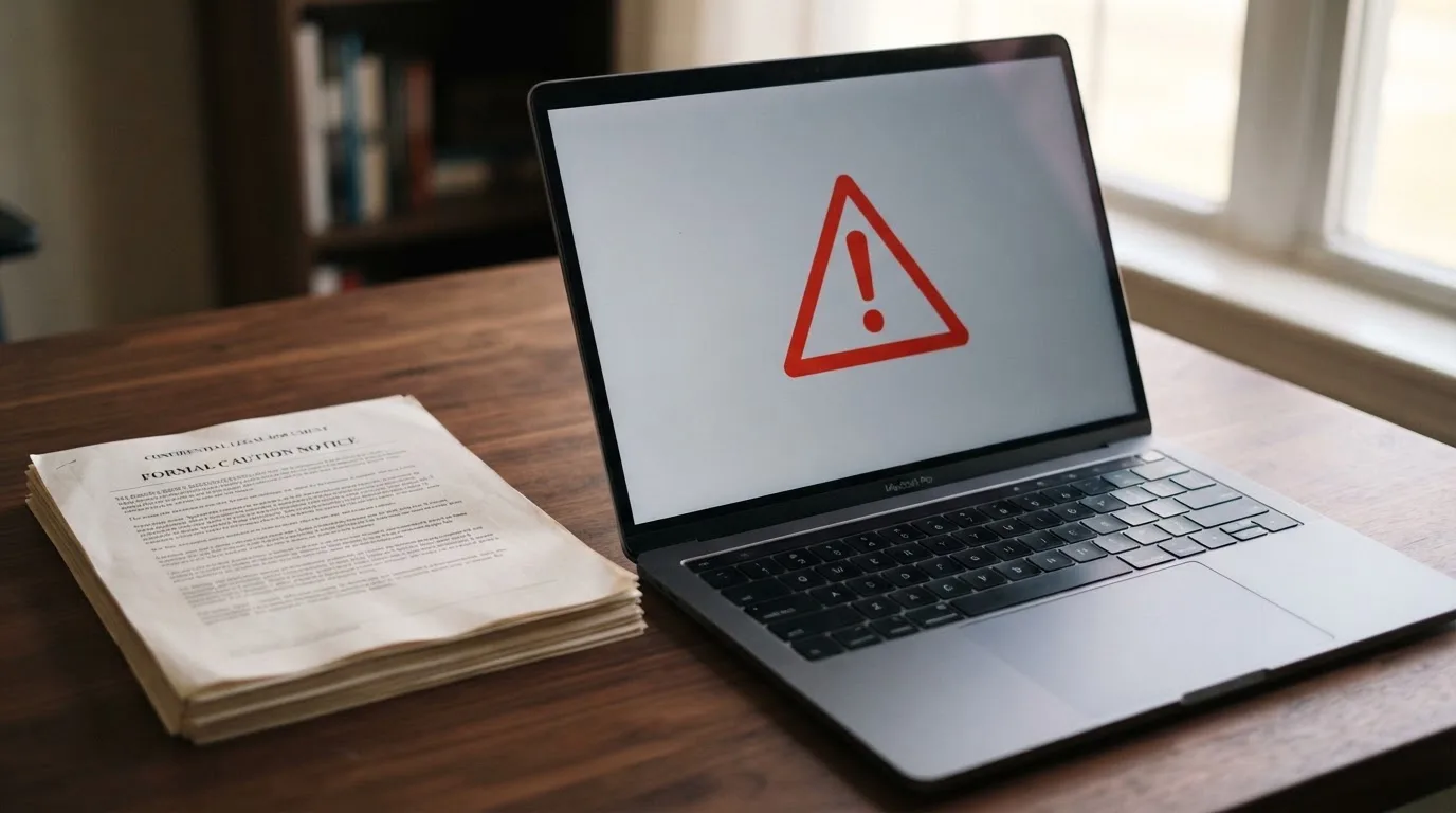 A red triangular warning sign icon on a laptop screen next to a stack of legal papers, symbolising an official caution rather than any specific website.