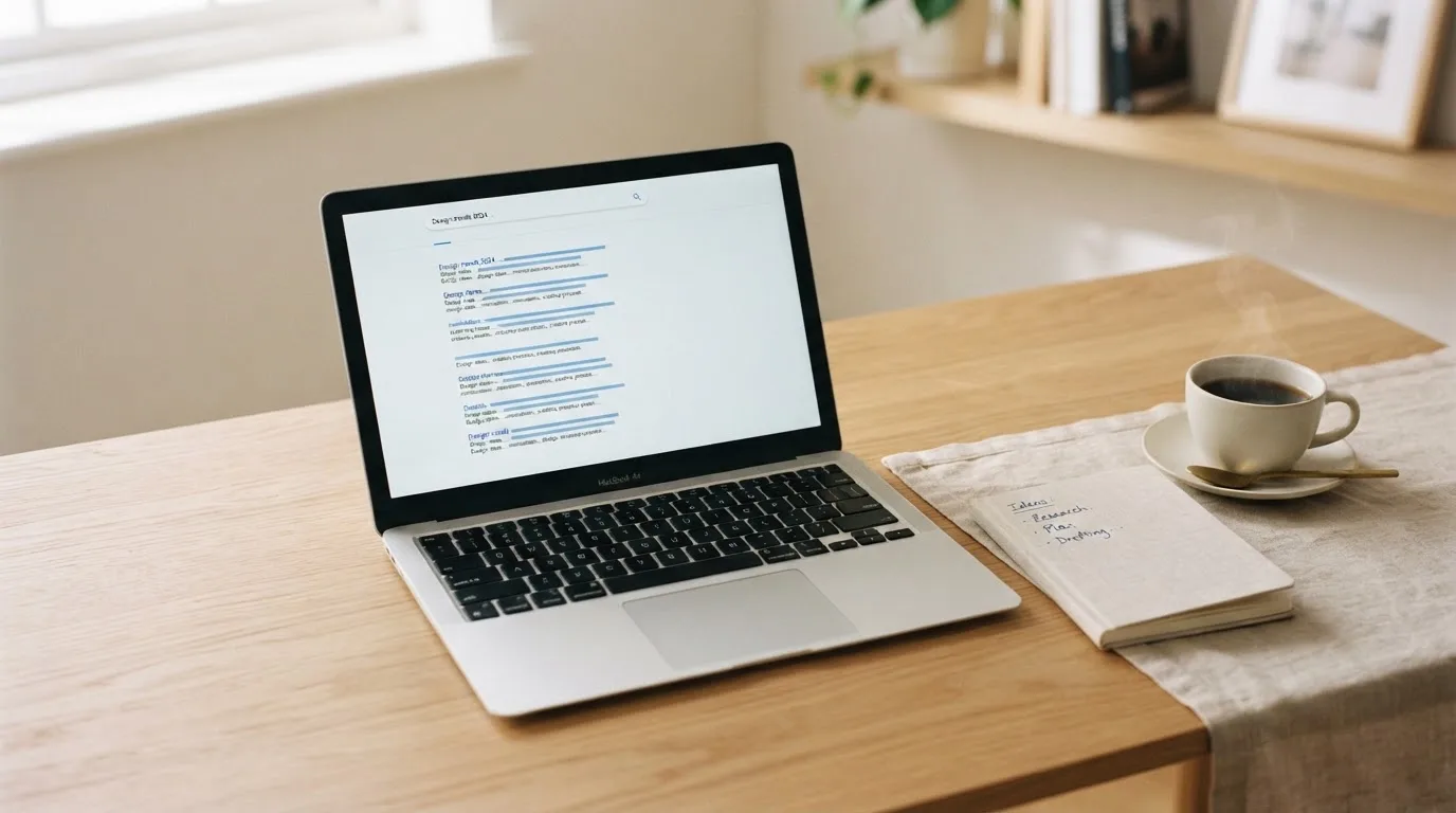 A tidy desk with a laptop open on a plain search-results page, a notebook and a coffee cup beside it, no screens showing any casino branding.