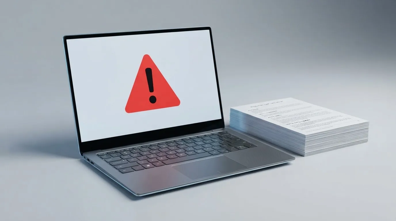 A red triangular warning sign icon on a laptop screen next to a stack of legal papers, symbolising an official caution rather than any specific website.