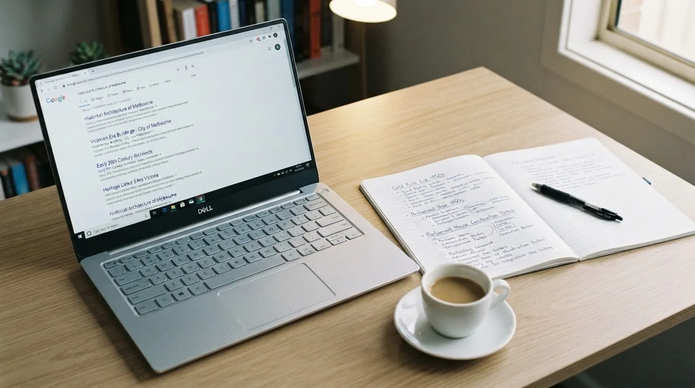 A tidy desk with a laptop open on a plain search-results page, a notebook and a coffee cup beside it, no screens showing any casino branding.