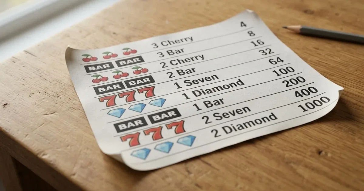 A printed strip of generic slot symbols and payout numbers laid on a desk, like a reference chart rather than a live game.