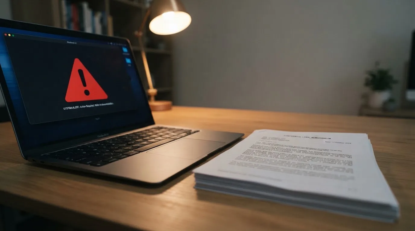 A red triangular warning sign icon on a laptop screen next to a stack of legal papers, symbolising an official caution rather than any specific website.