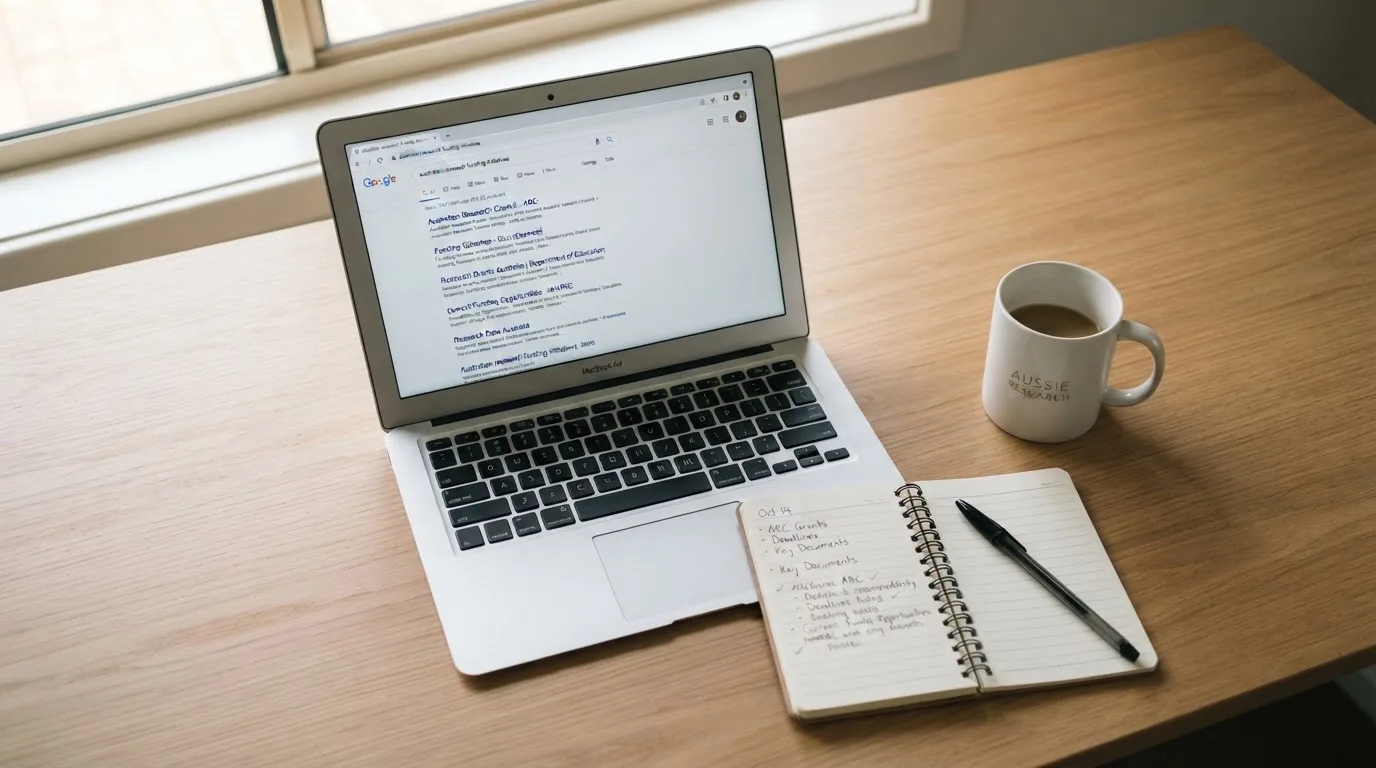 A tidy desk with a laptop open on a plain search-results page, a notebook and a coffee cup beside it, no screens showing any casino branding.