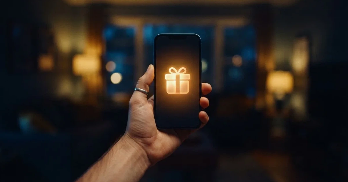 A gift box icon glowing on a phone screen, held at arm's length, suggesting an unopened offer rather than an active game.