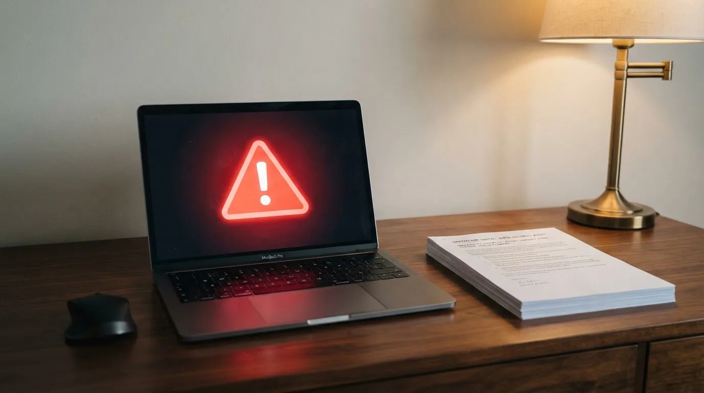 A red triangular warning sign icon on a laptop screen next to a stack of legal papers, symbolising an official caution rather than any specific website.