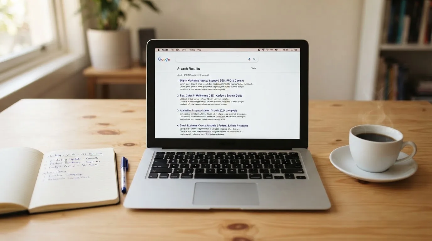 A tidy desk with a laptop open on a plain search-results page, a notebook and a coffee cup beside it, no screens showing any casino branding.