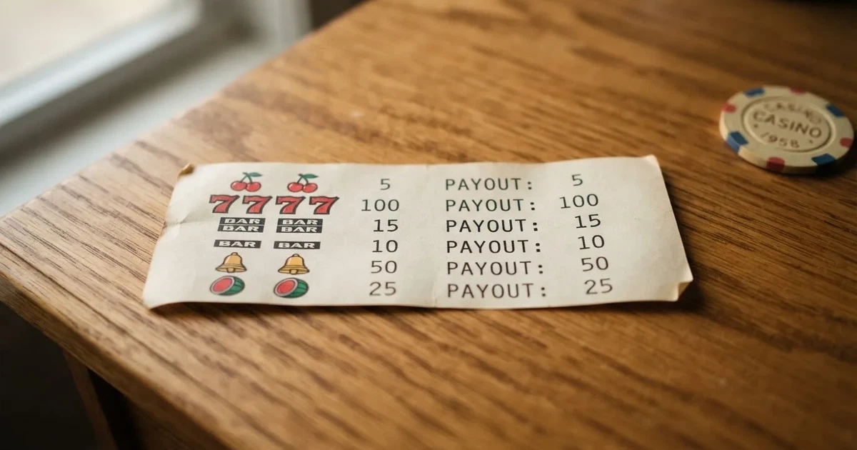A printed strip of generic slot symbols and payout numbers laid on a desk, like a reference chart rather than a live game.