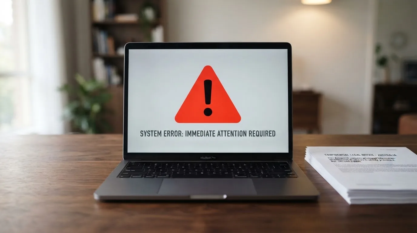 A red triangular warning sign icon on a laptop screen next to a stack of legal papers, symbolising an official caution rather than any specific website.