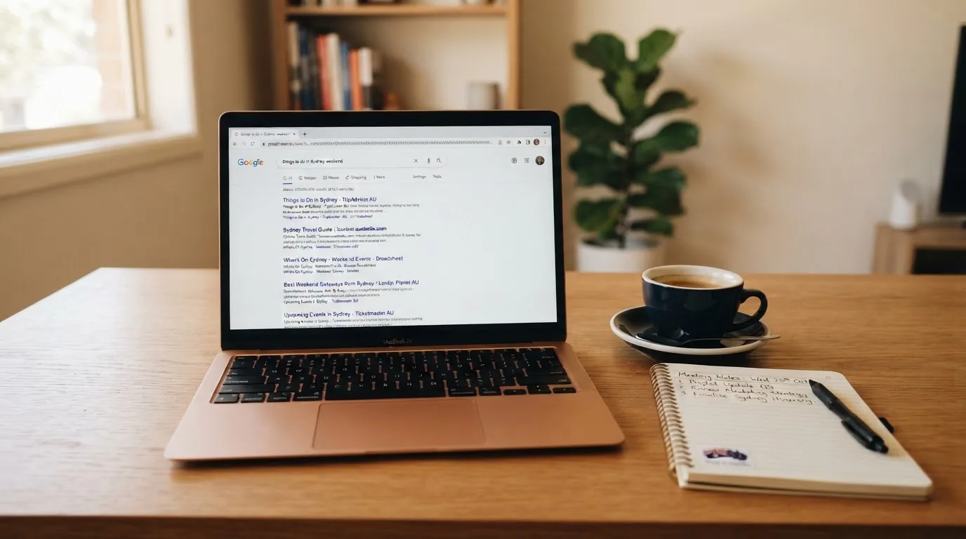 A tidy desk with a laptop open on a plain search-results page, a notebook and a coffee cup beside it, no screens showing any casino branding.