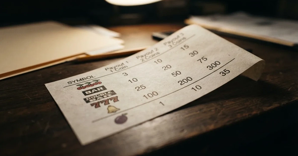 A printed strip of generic slot symbols and payout numbers laid on a desk, like a reference chart rather than a live game.