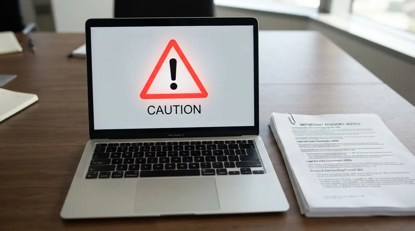 A red triangular warning sign icon on a laptop screen next to a stack of legal papers, symbolising an official caution rather than any specific website.