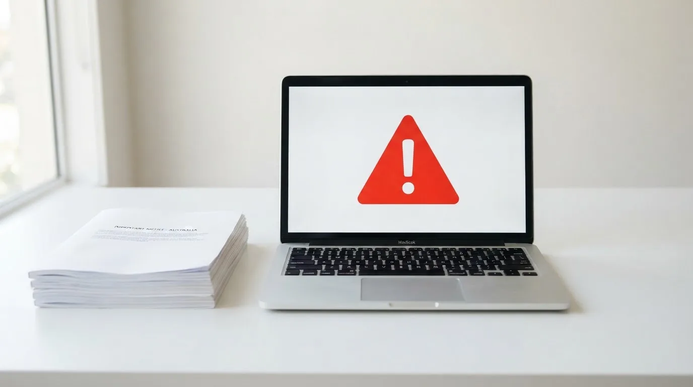 A red triangular warning sign icon on a laptop screen next to a stack of legal papers, symbolising an official caution rather than any specific website.