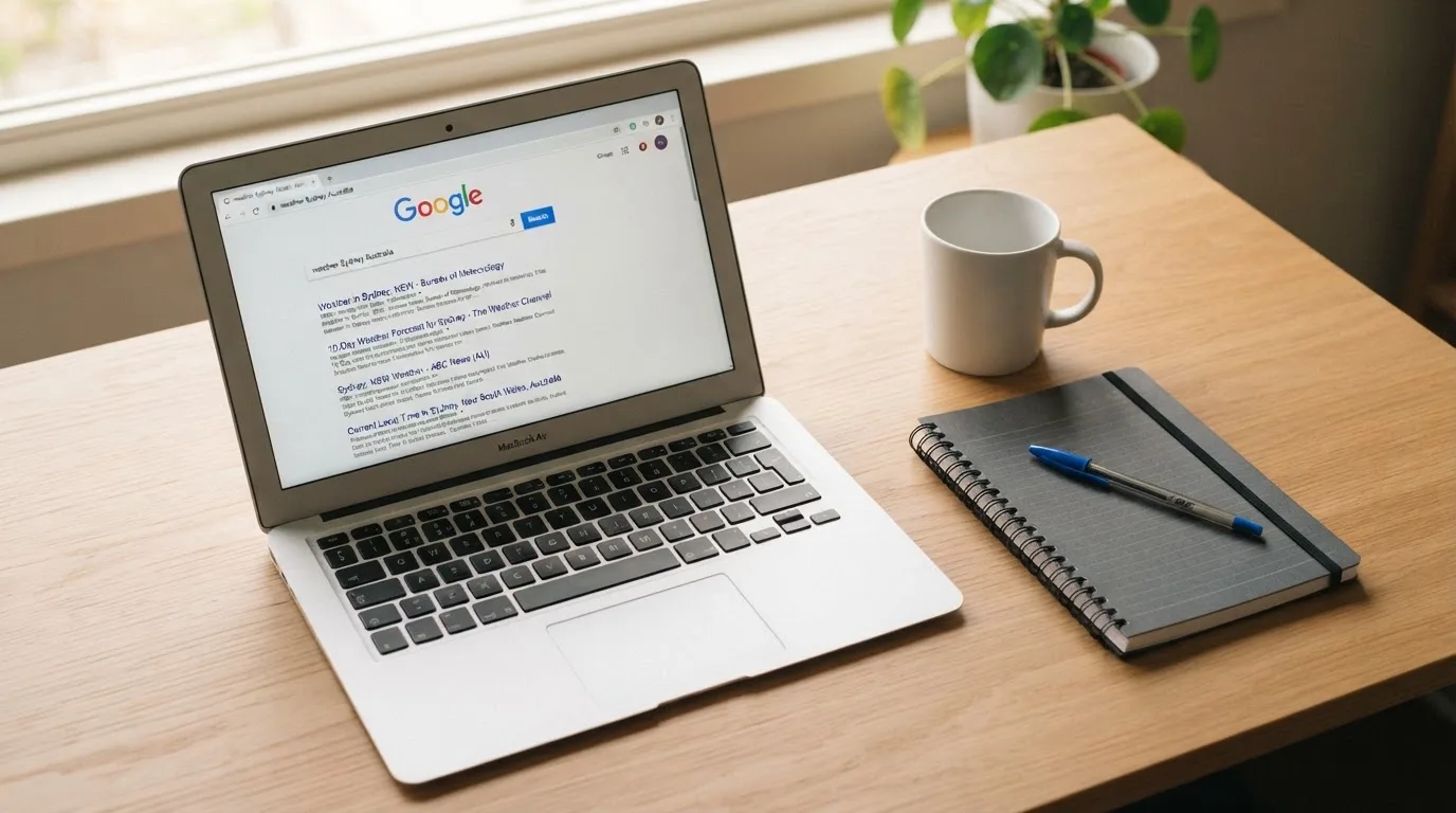 A tidy desk with a laptop open on a plain search-results page, a notebook and a coffee cup beside it, no screens showing any casino branding.