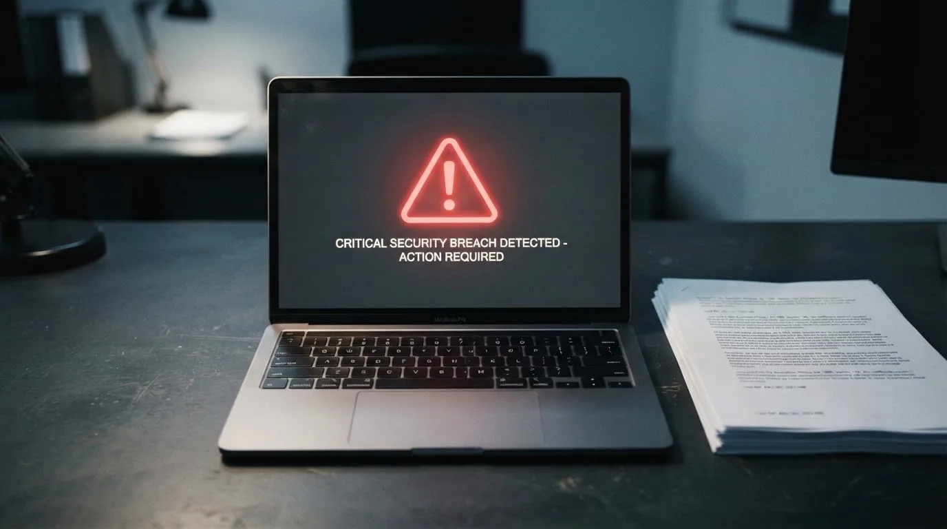 A red triangular warning sign icon on a laptop screen next to a stack of legal papers, symbolising an official caution rather than any specific website.