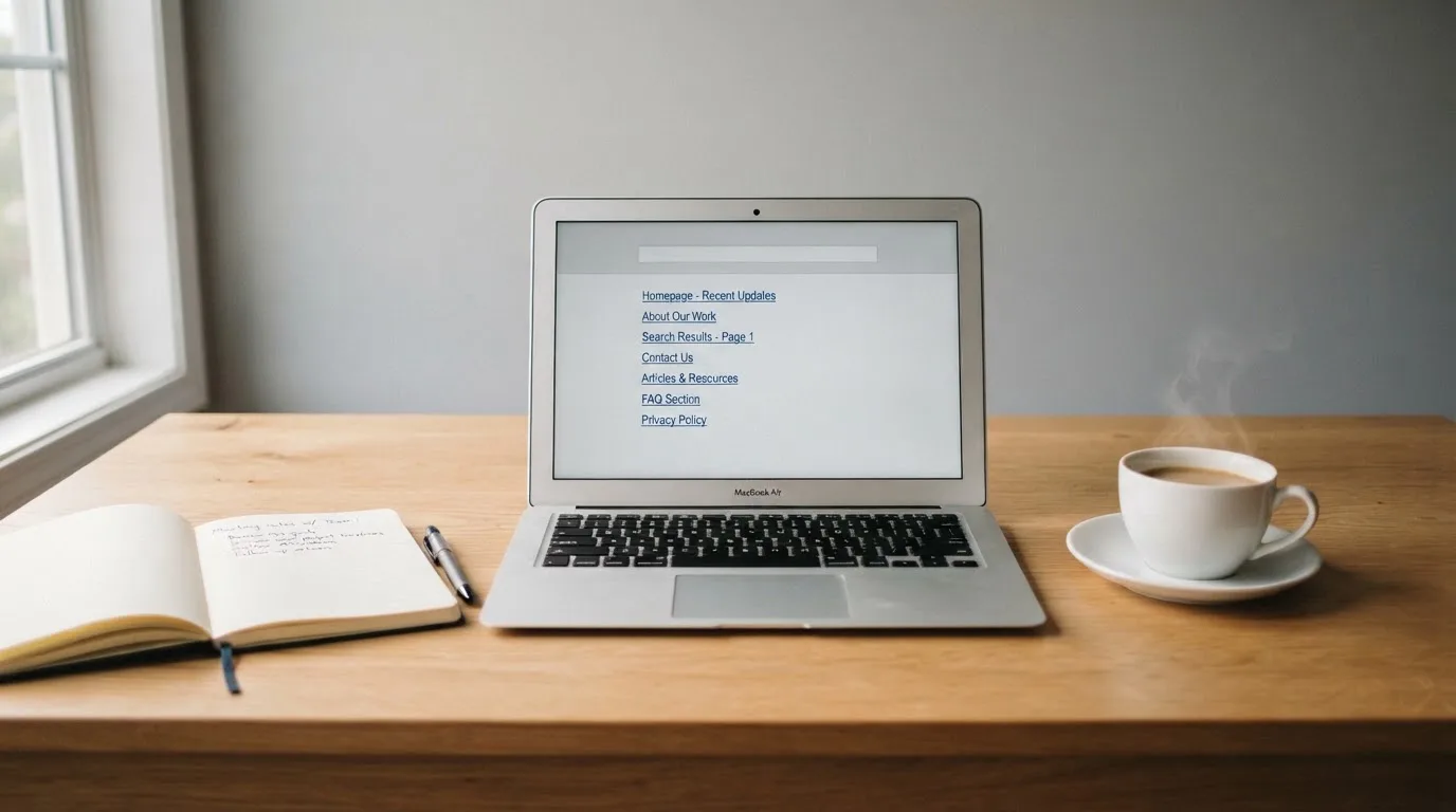 A tidy desk with a laptop open on a plain search-results page, a notebook and a coffee cup beside it, no screens showing any casino branding.