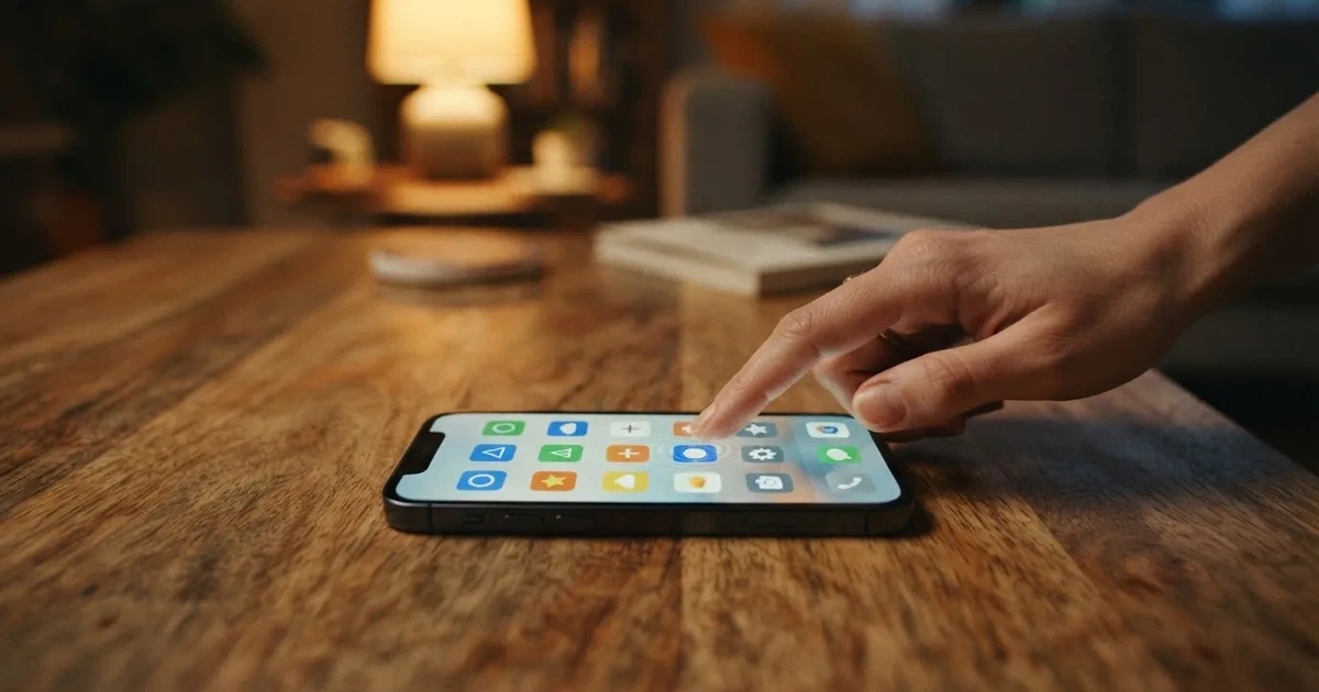 A hand tapping a smartphone screen showing generic app icons, none of them branded.