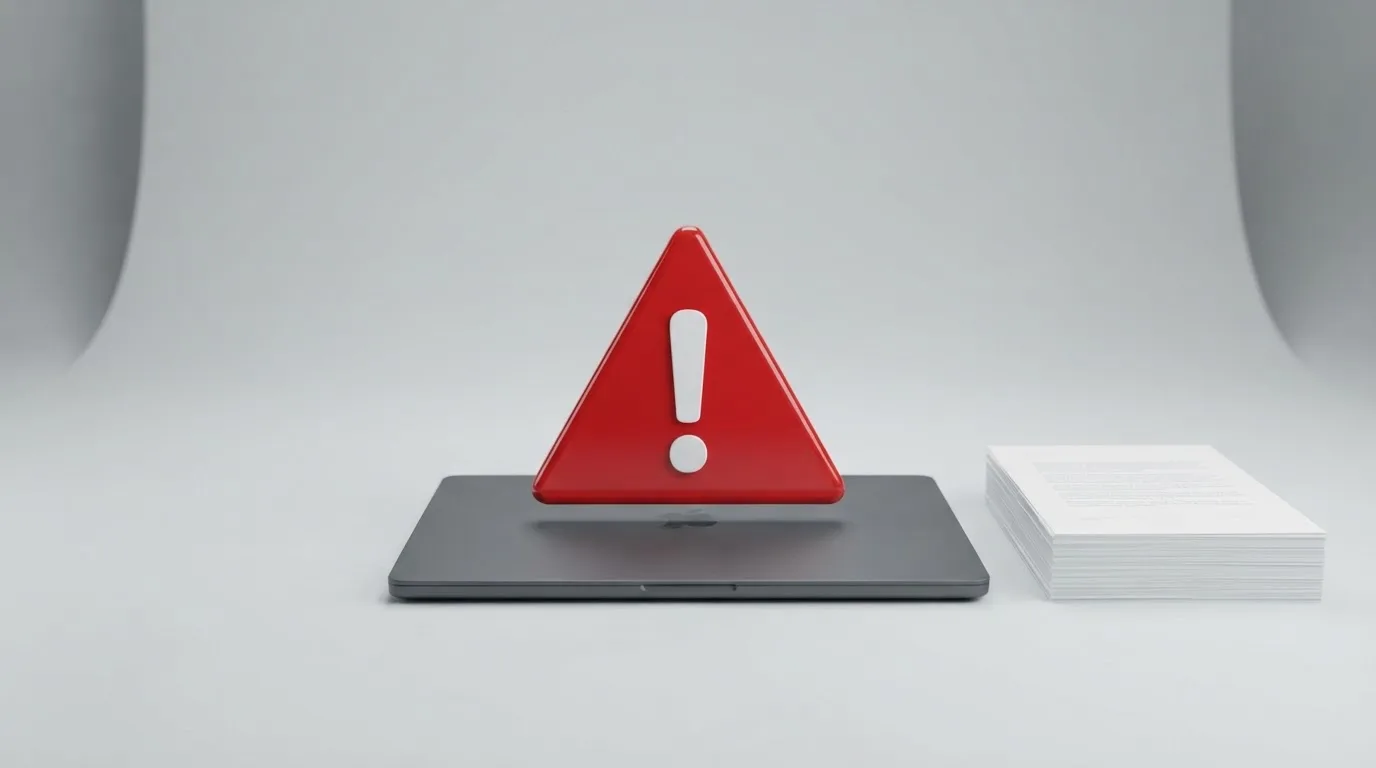A red triangular warning sign icon on a laptop screen next to a stack of legal papers, symbolising an official caution rather than any specific website.
