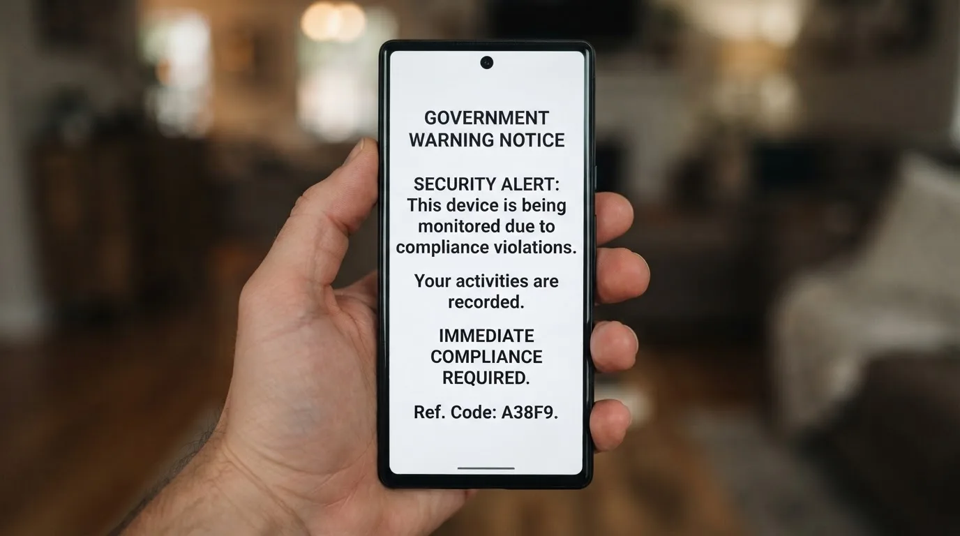 A smartphone screen showing a plain government warning notice about a blocked website, held against a blurred background.