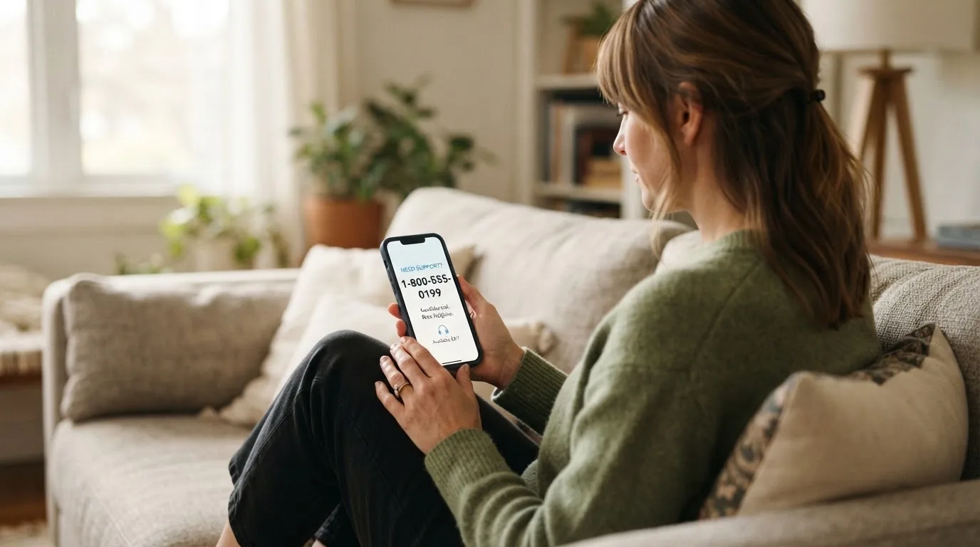 A person sitting calmly with a phone open to a support helpline page, no gaming screen visible.