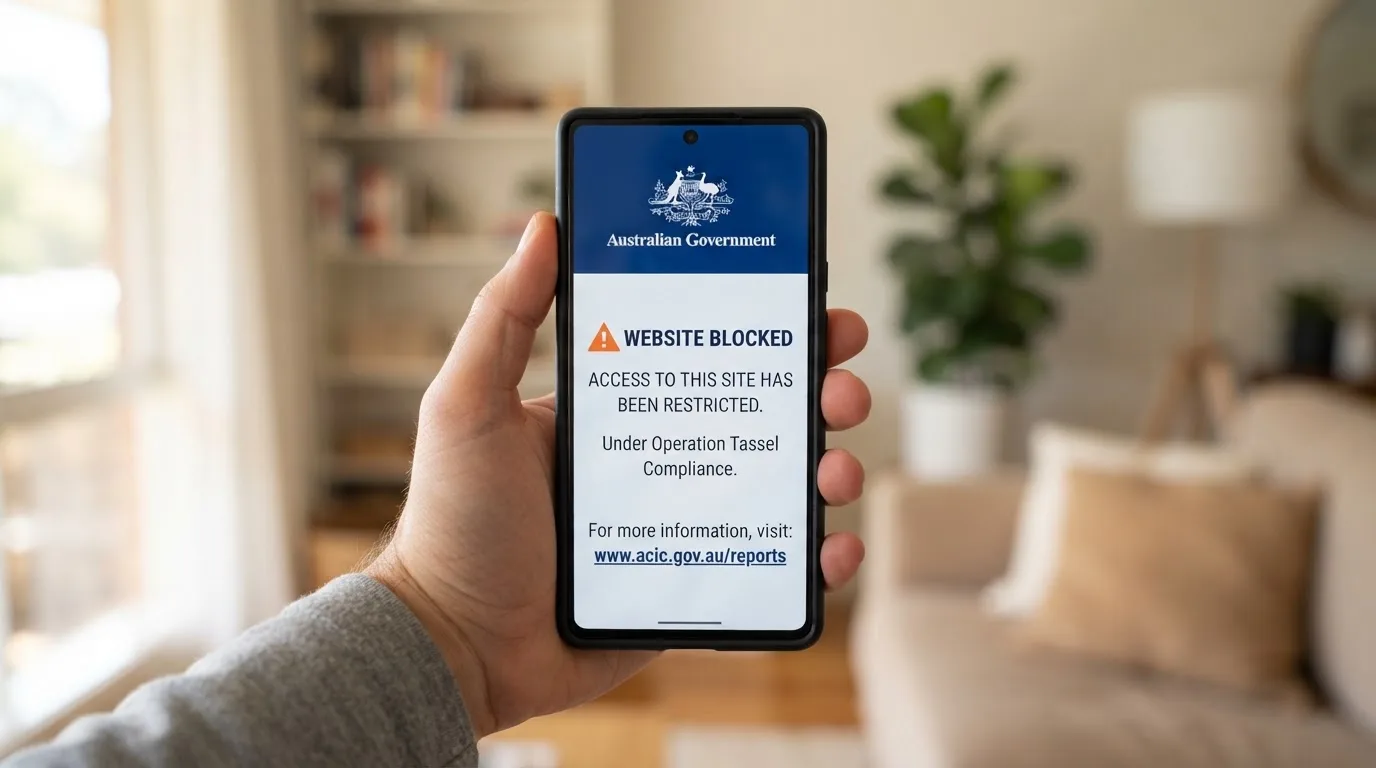 A smartphone screen showing a plain government warning notice about a blocked website, held against a blurred background.