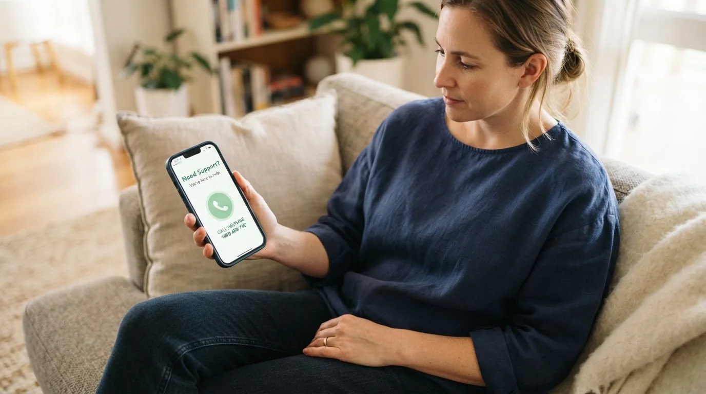 A person sitting calmly with a phone open to a support helpline page, no gaming screen visible.