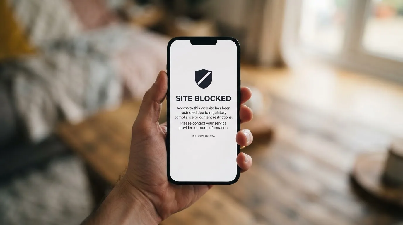 A smartphone screen showing a plain government warning notice about a blocked website, held against a blurred background.