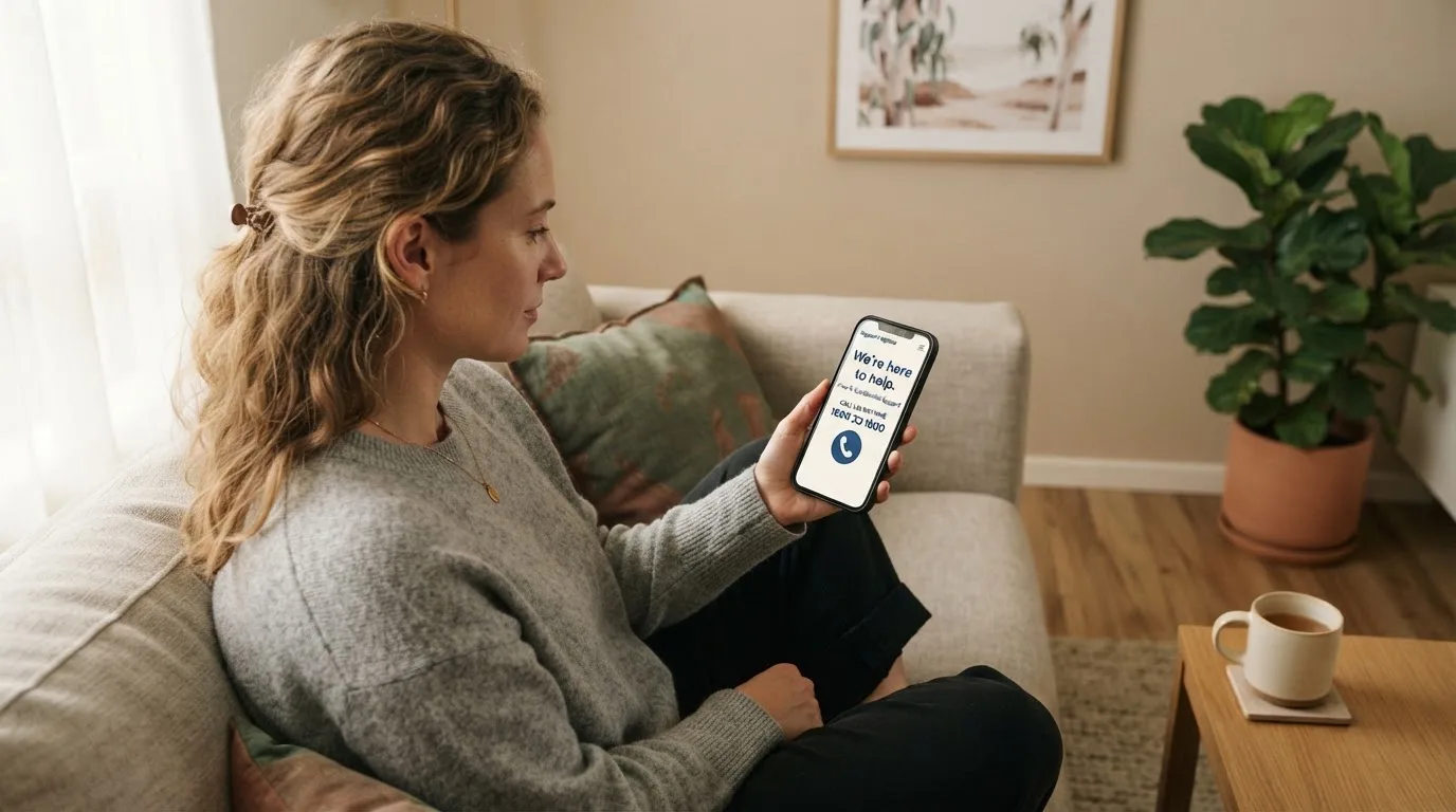 A person sitting calmly with a phone open to a support helpline page, no gaming screen visible.