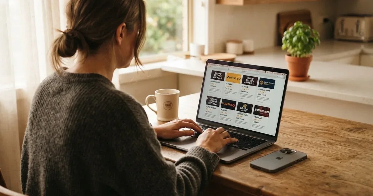 A person at a kitchen table scrolling through review pages on a laptop, phone face-down beside them.