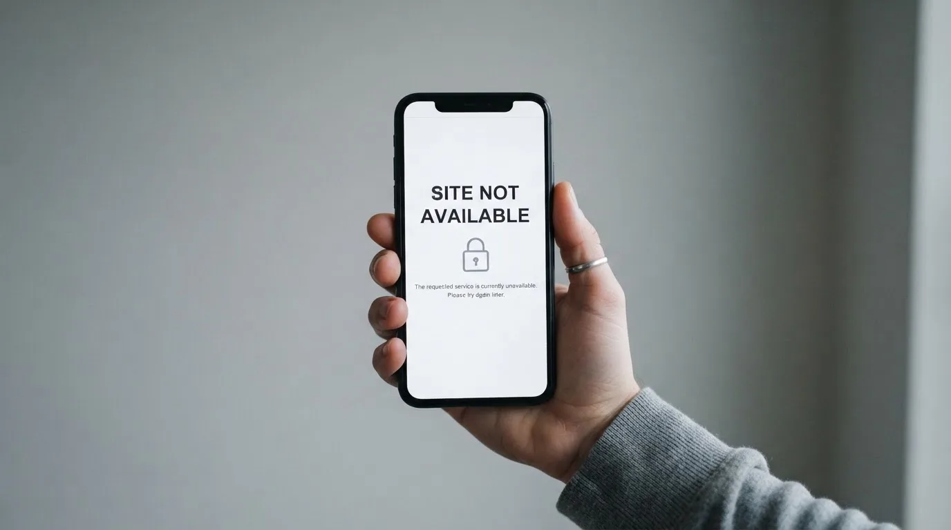 A smartphone screen showing a plain government warning notice about a blocked website, held against a blurred background.