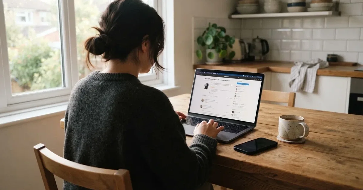 A person at a kitchen table scrolling through review pages on a laptop, phone face-down beside them.