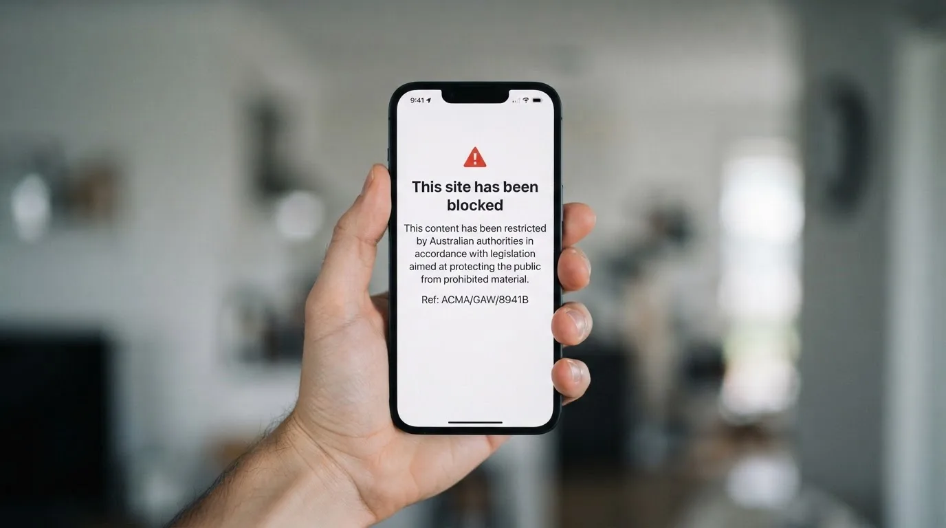 A smartphone screen showing a plain government warning notice about a blocked website, held against a blurred background.